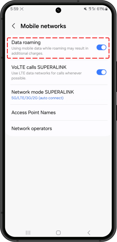Switch ON “Data Roaming”